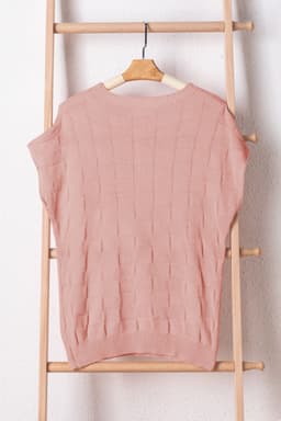 image-Pink Lattice Textured Knit Short Sleeve Sweater - Sizes S-3XL
