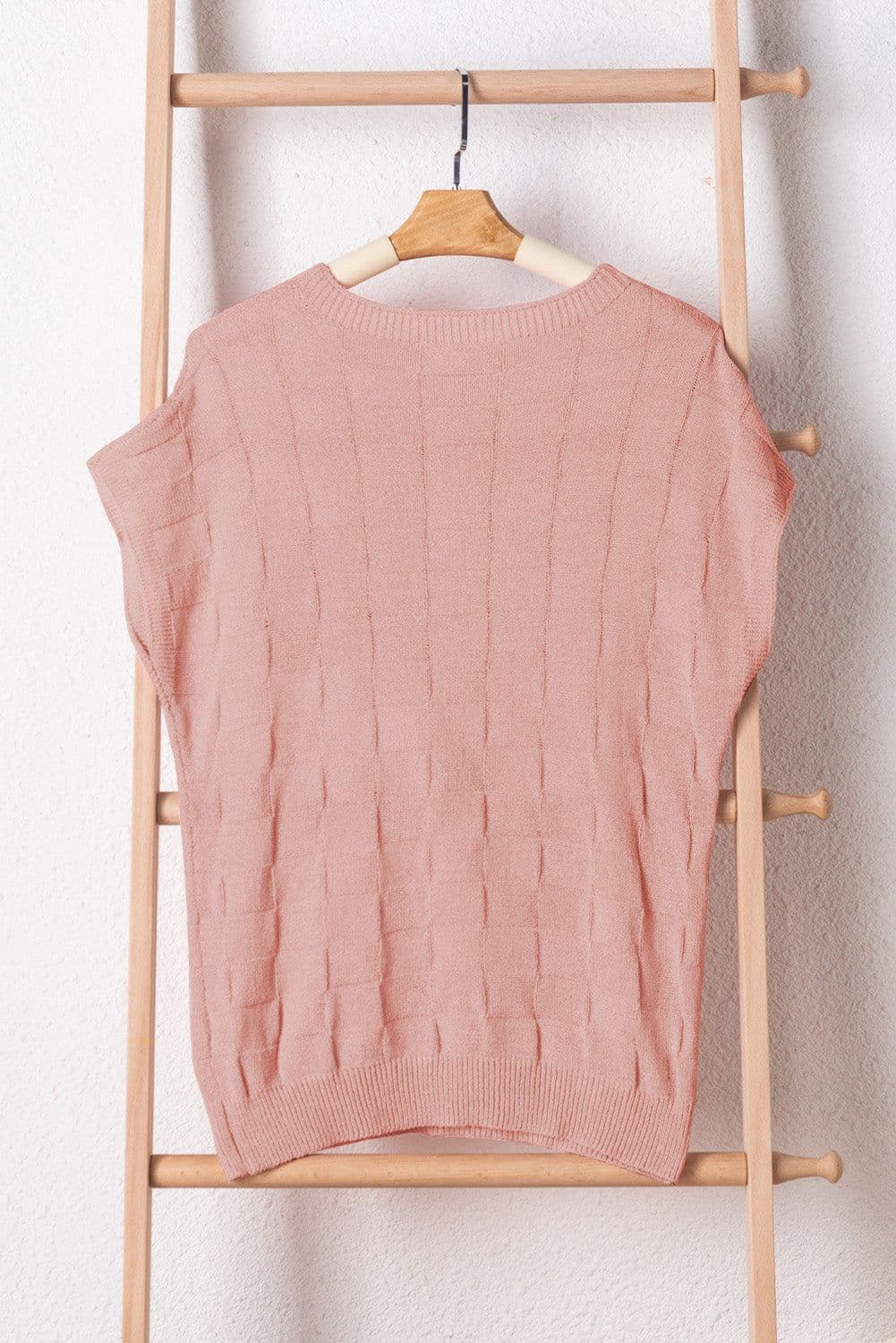 image-Pink Lattice Textured Knit Short Sleeve Sweater - Sizes S-3XL