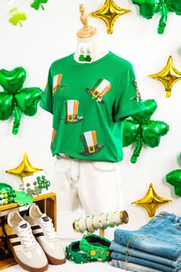 image-Bright Green Sequin St Patricks Day Hat Relaxed T Shirt