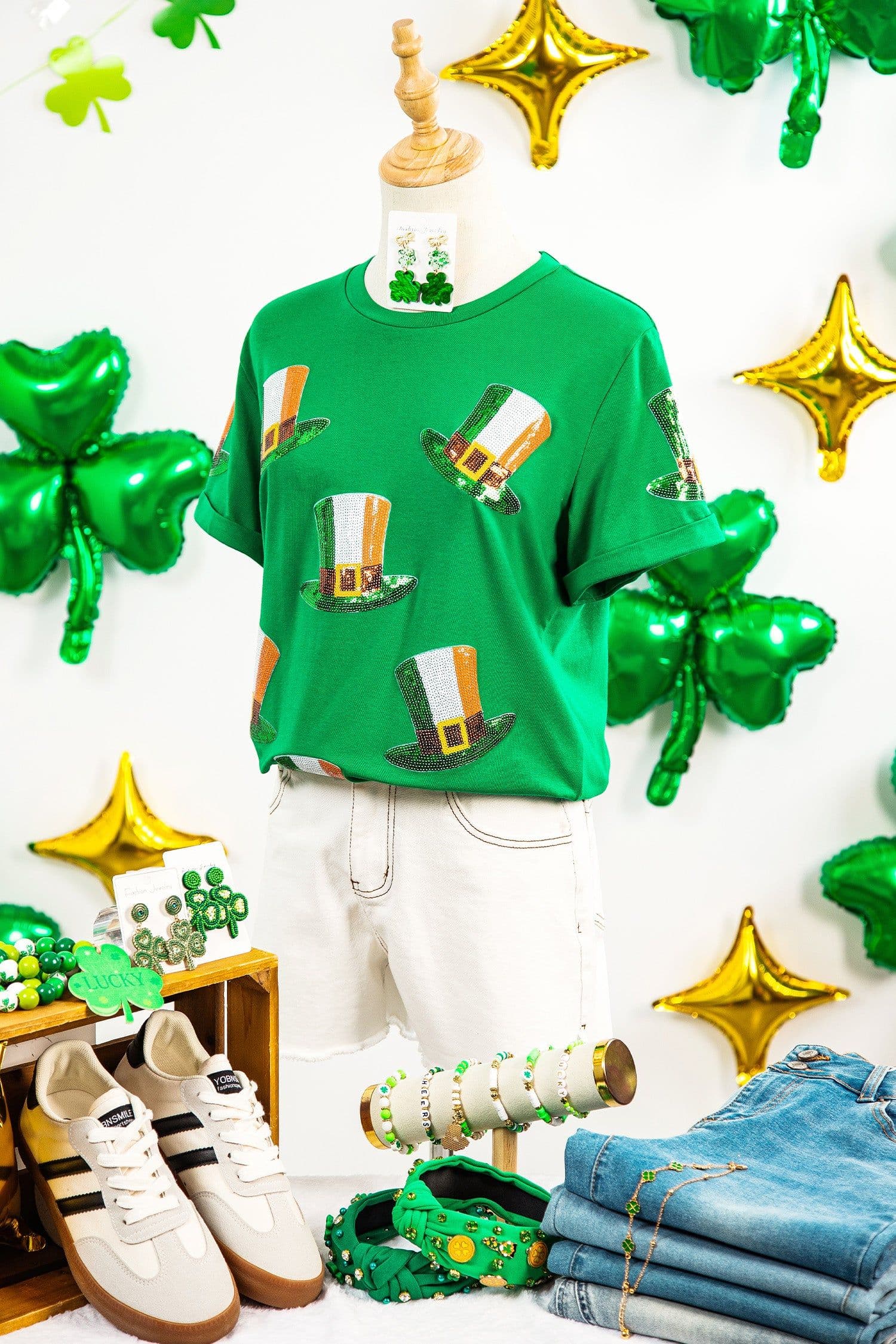 image-Bright Green Sequin St Patricks Day Hat Relaxed T Shirt