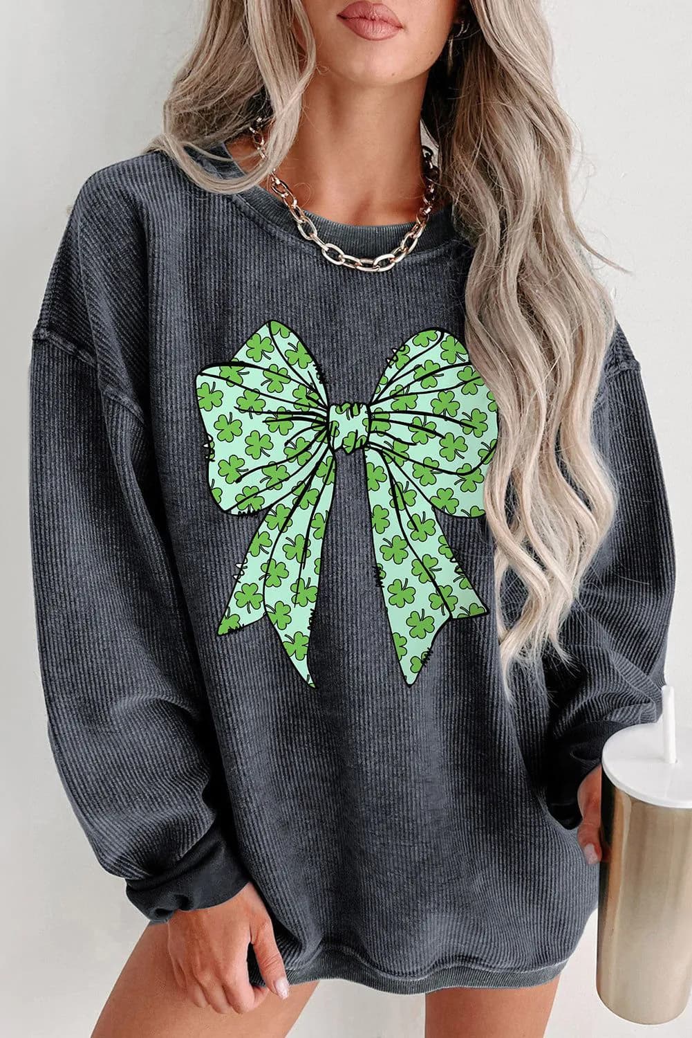 image-Gray Clover Bowknot Graphic Corded Pullover Sweatshirt