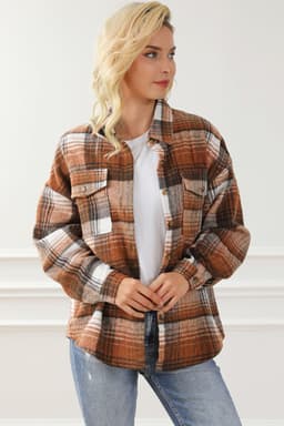 image-Shacket with Pink/Black Plaid Flap Pockets - Chic Style, Loose Fit (65 characters)