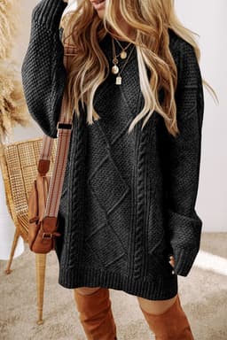 image-Oatmeal Cable Knit Drop Shoulder Loose Fit Sweater Dress