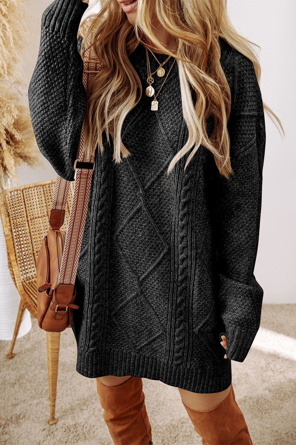image-Oatmeal Cable Knit Drop Shoulder Loose Fit Sweater Dress