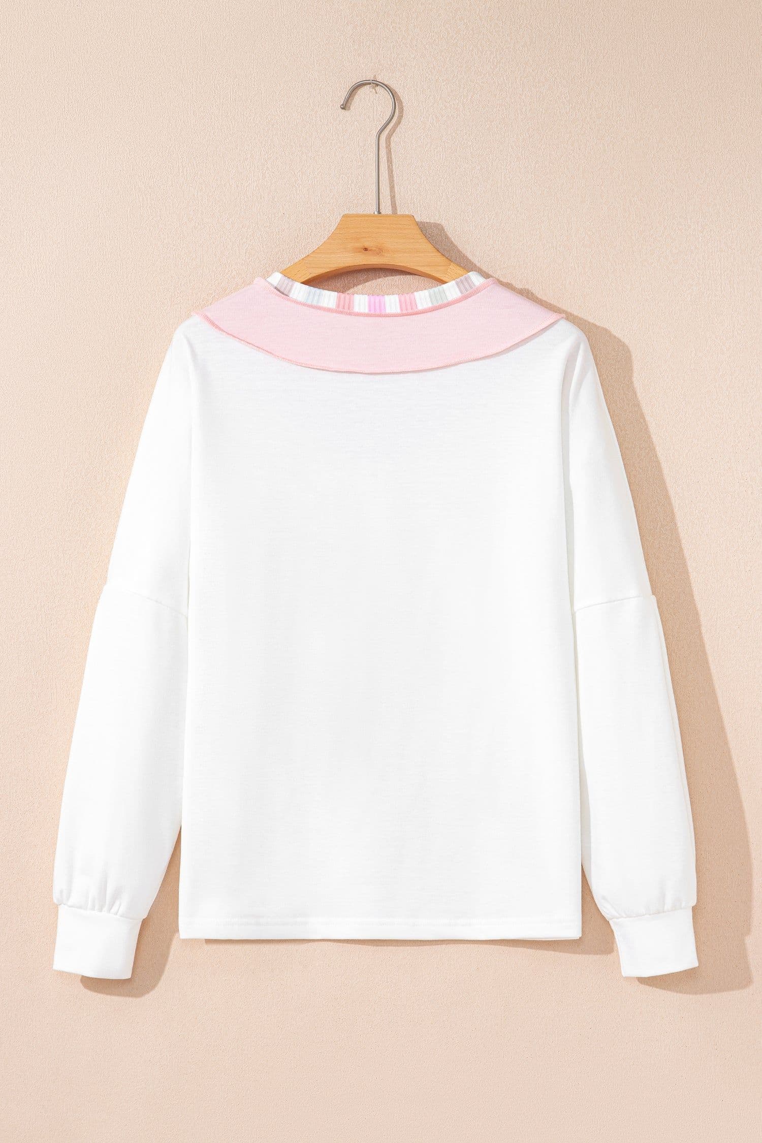 image-White Rainbow Stripe Color Block V Neck Long Sleeve Top