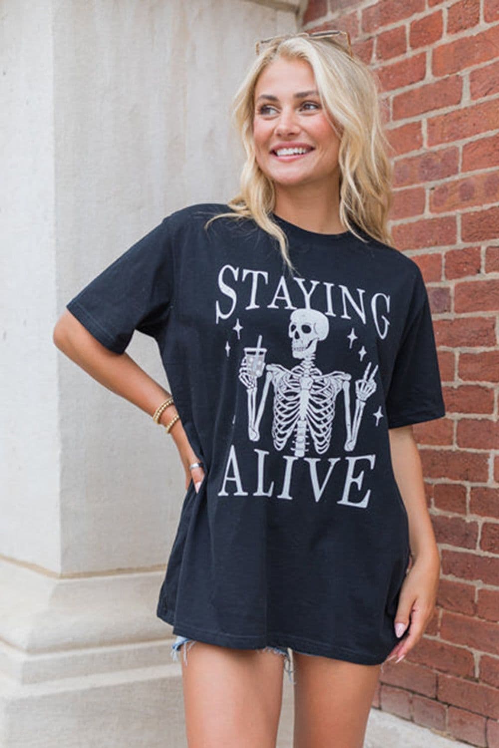 image-Funny Skeleton Print Round Neck T-Shirt - Black, Sizes S-2XL