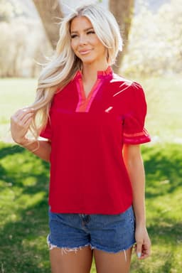 image-Fiery Red Striped Ruffled Blouse - Short Sleeve
