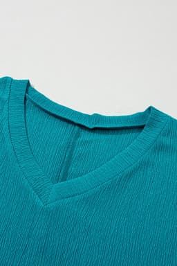 image-Blue Sapphire Crinkled V Neck T-shirt - Women's Fashion