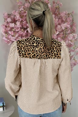 image-Brown Stripe Leopard Patchwork Long Sleeve Shirt