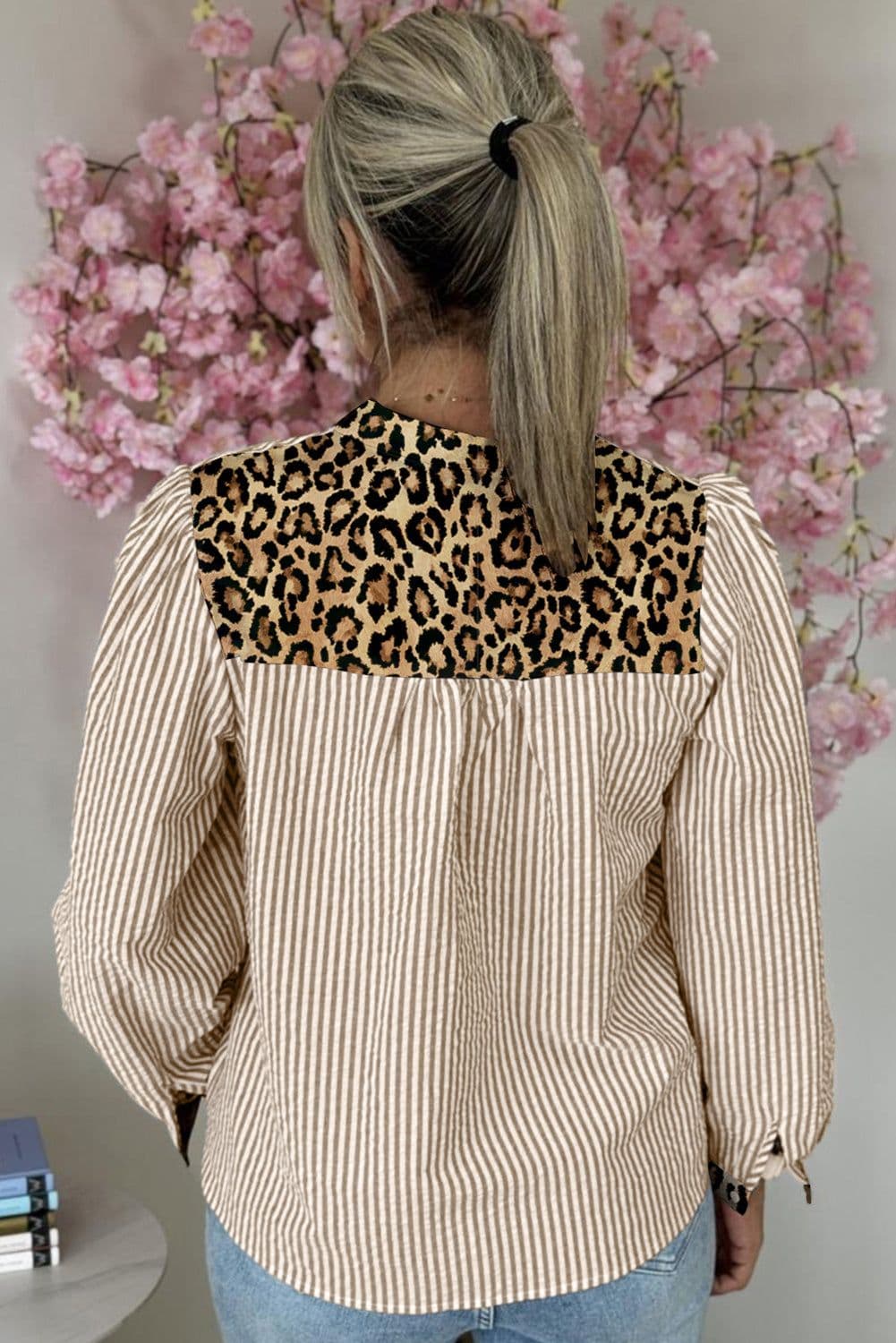 image-Brown Stripe Leopard Patchwork Long Sleeve Shirt