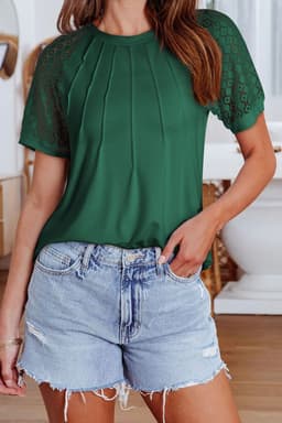 image-Khaki Contrast Lace Raglan Sleeve Tee - Casual Short Sleeve Top