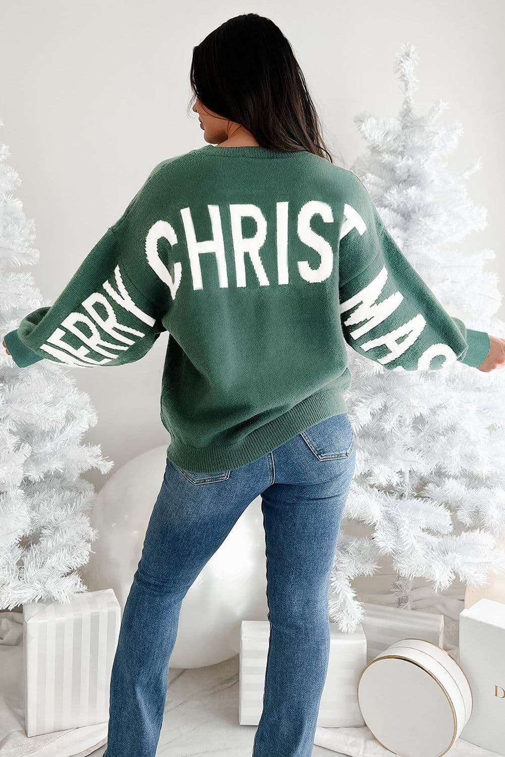 image-Blackish Green HO HO HO MERRY CHRISTMAS Drop Shoulder Loose Sweater