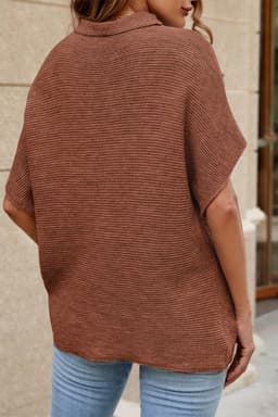 image-High Neck Bat Sleeve Sweater - Short Sleeve, Elegant, Loose Fit