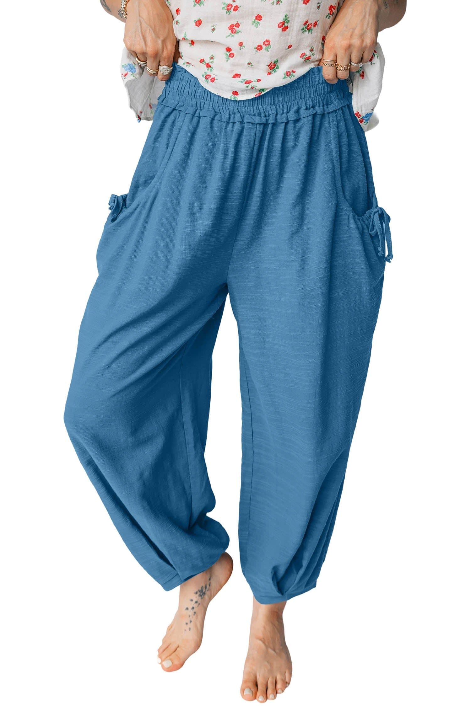 image-Prussian Blue Smocked Waist Casual Jogger Style Pants