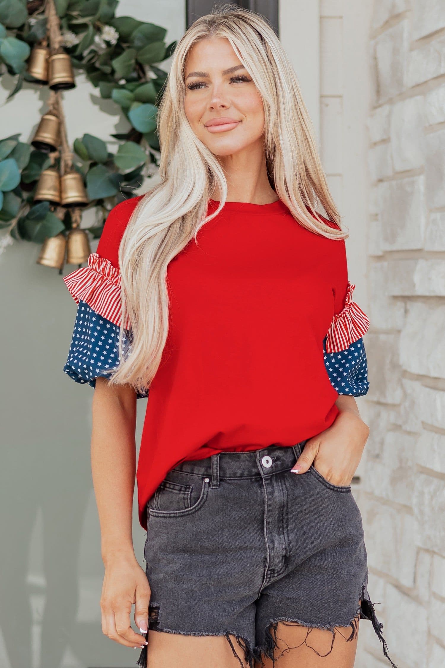 image-Beau Blue Stars Stripes Short Puff Sleeve Top