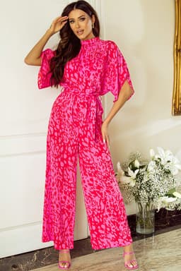 image-Leopard Print Wide Leg Jumpsuit - Rose Belted Loose Fit