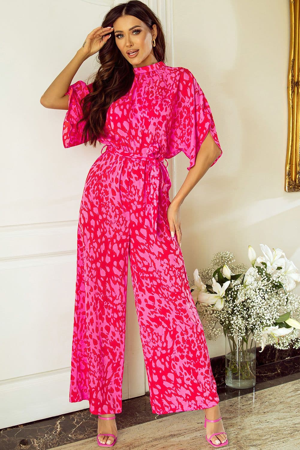 image-Leopard Print Wide Leg Jumpsuit - Rose Belted Loose Fit