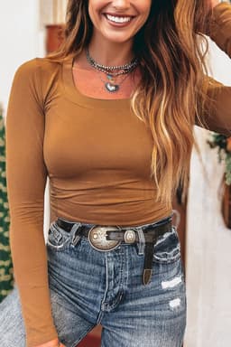 image-Laurel Green Long Sleeve Fitted Top - U-Neck