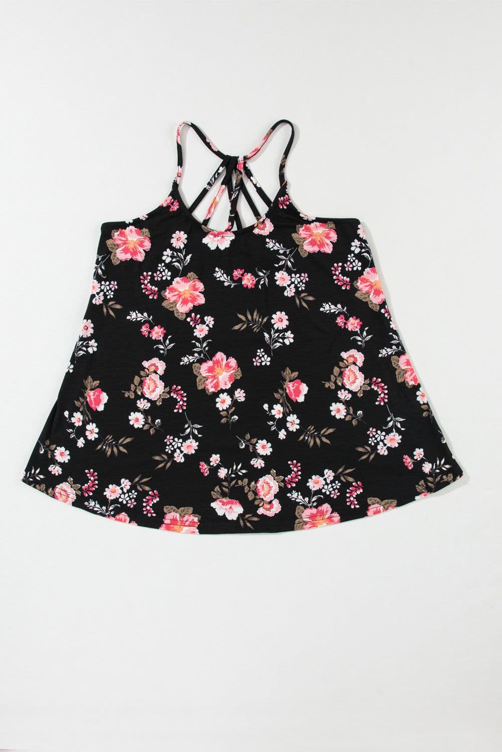 image-Black Floral Spaghetti Straps Strappy Back Tank Top