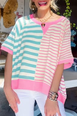 image-Pink Stripe Contrast Patchwork Oversized T-Shirt