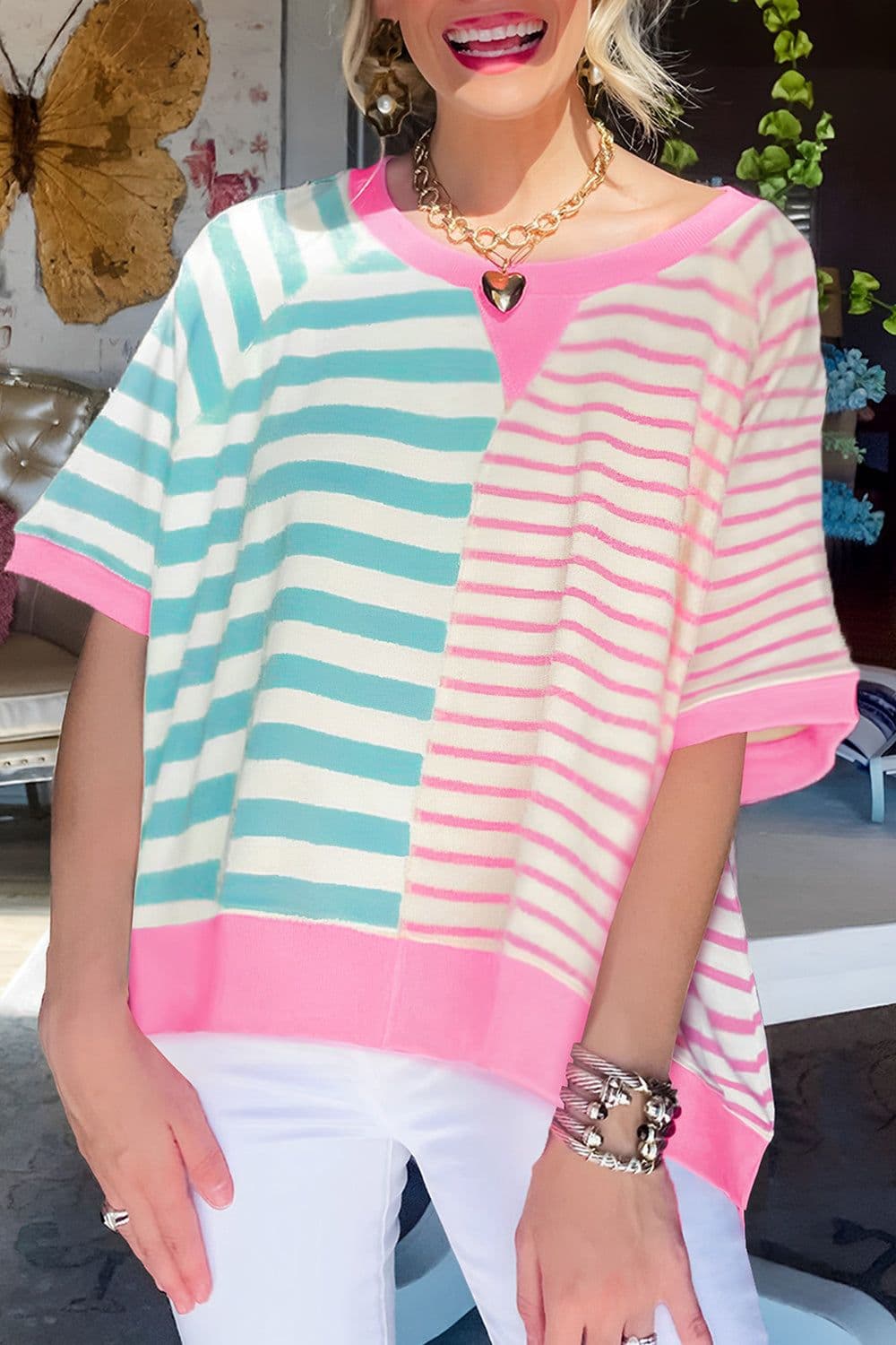 image-Pink Stripe Contrast Patchwork Oversized T-Shirt