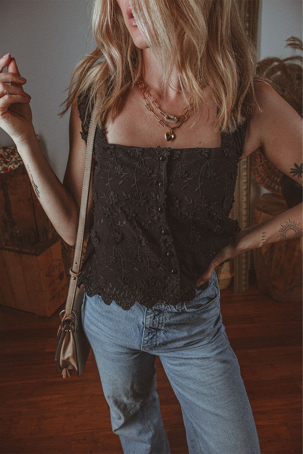 image-Black Floral Embroidered Buttoned Tank Top