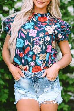 image-Floral Blouse - Green Trimmed Ruffle Sleeves Summer Top - Sizes Available