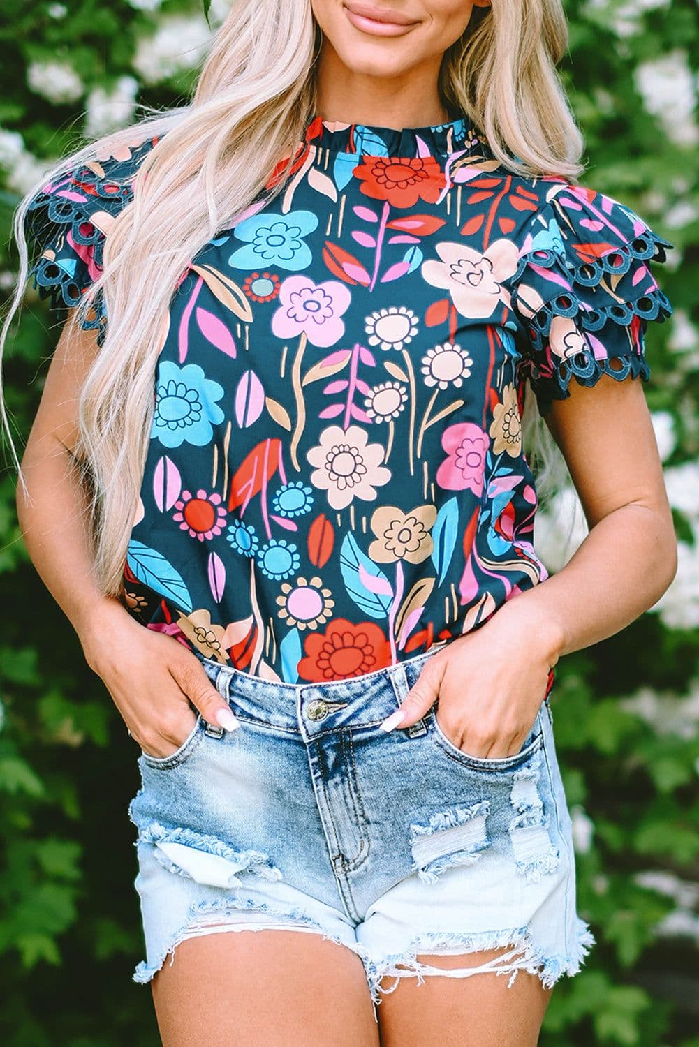 image-Floral Blouse - Green Trimmed Ruffle Sleeves Summer Top - Sizes Available