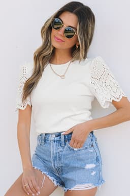 image-White Eyelet Pattern Short Sleeve Patchwork Ribbed Top