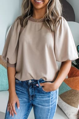 image-Goat Half Lantern Sleeve Solid Pullover Top