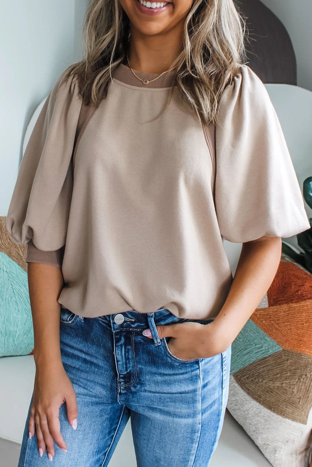 image-Goat Half Lantern Sleeve Solid Pullover Top