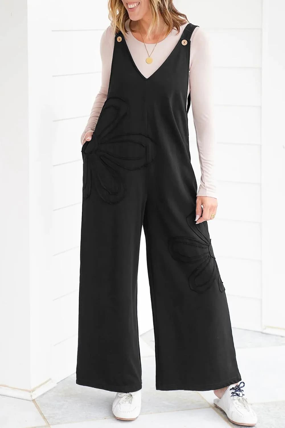 image-Black Loose Overall Jumpsuit Big Flower Patch