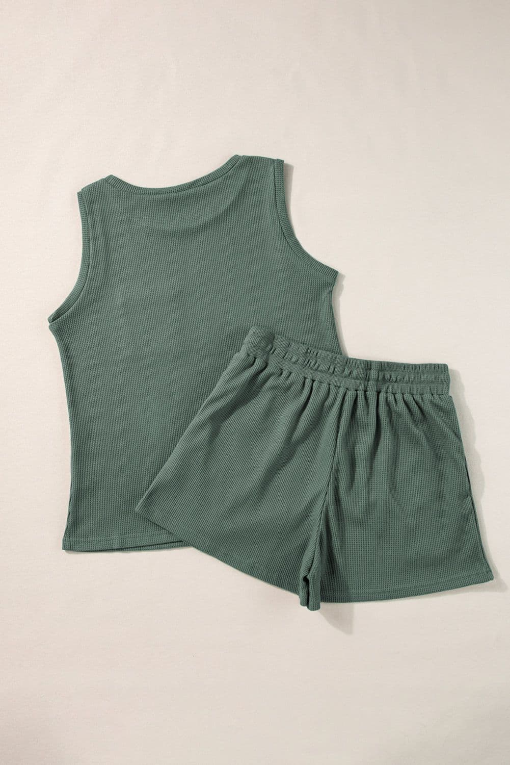 image-Mist Green Waffle Knit Tank & Shorts Set with Patched Pockets & Drawstring