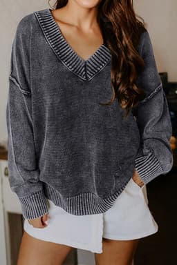 image-Four Leaf Clover Mineral Wash V Neck Knit Exposed Seam Drop Shoulder Loose Sweater