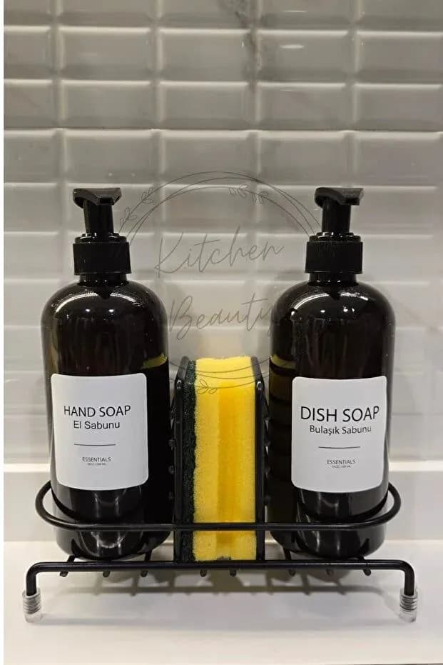 image-2-Piece Dish Soap Dispenser Set with Metal Stand Kitchen Bathroom