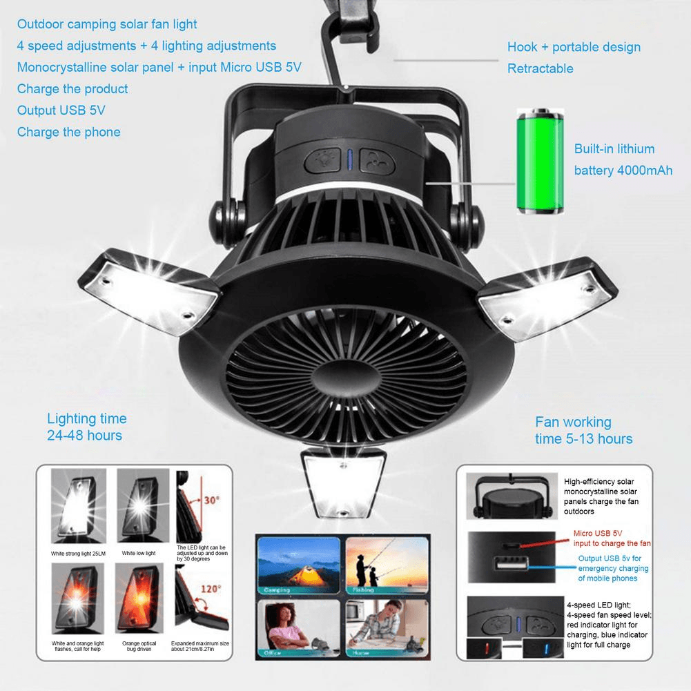 image-Foldable Fan Portable LED Solar Camping Lantern with Hook