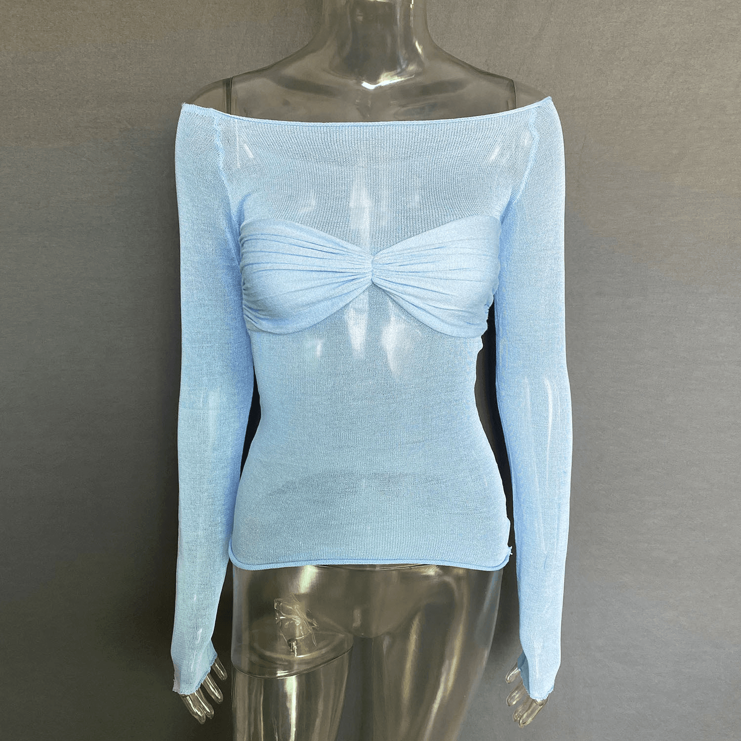 image-Sexy Long Sleeve Shoulder Gauze Women Slim Solid Versatile T-Shirt