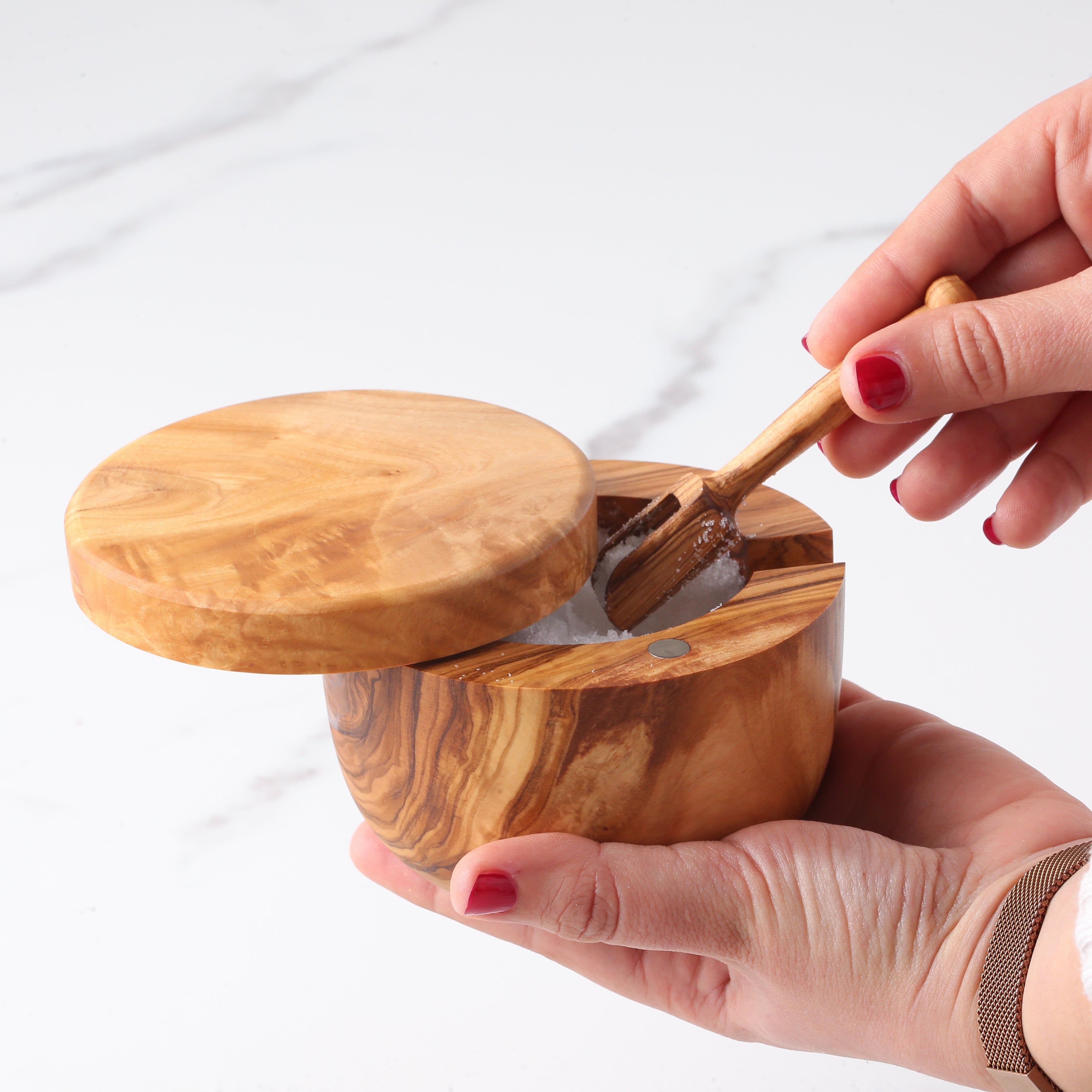 image-Handmade Olive Wood Salt Cellar with Scoop and Magnetic Lid