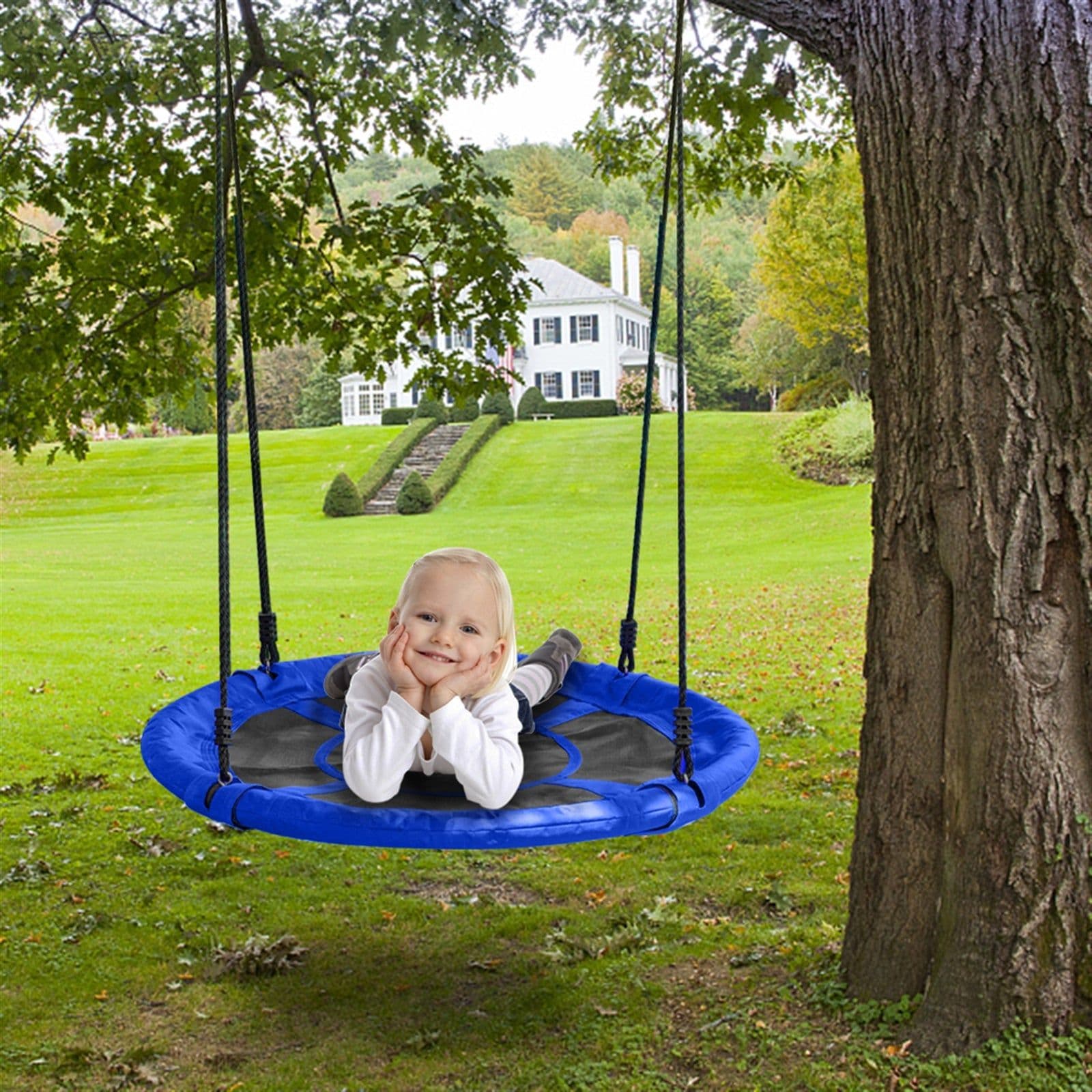 image-40" Kids Outdoor Round Net Hanging Rope Nest Tree Swing