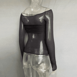 image-Sexy Long Sleeve Shoulder Gauze Women Slim Solid Versatile T-Shirt