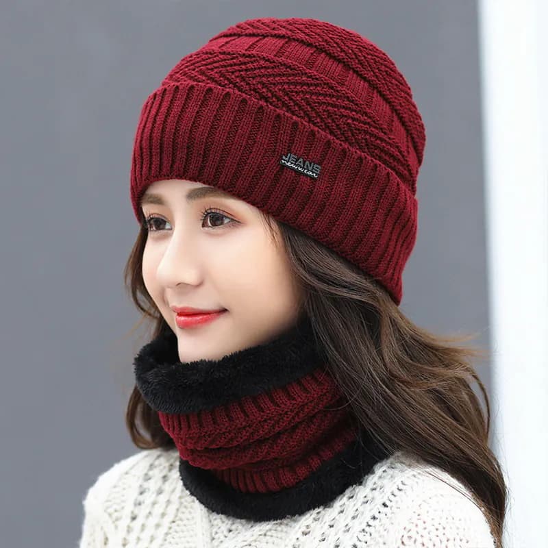image-Women's Knitted Hat Scarf Caps Neck Warmer Winter Hats