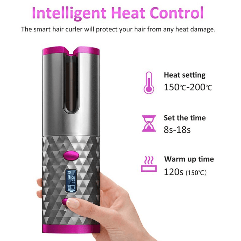 image-Cordless Rechargeable Auto Rotating Hair Curler With LED Display