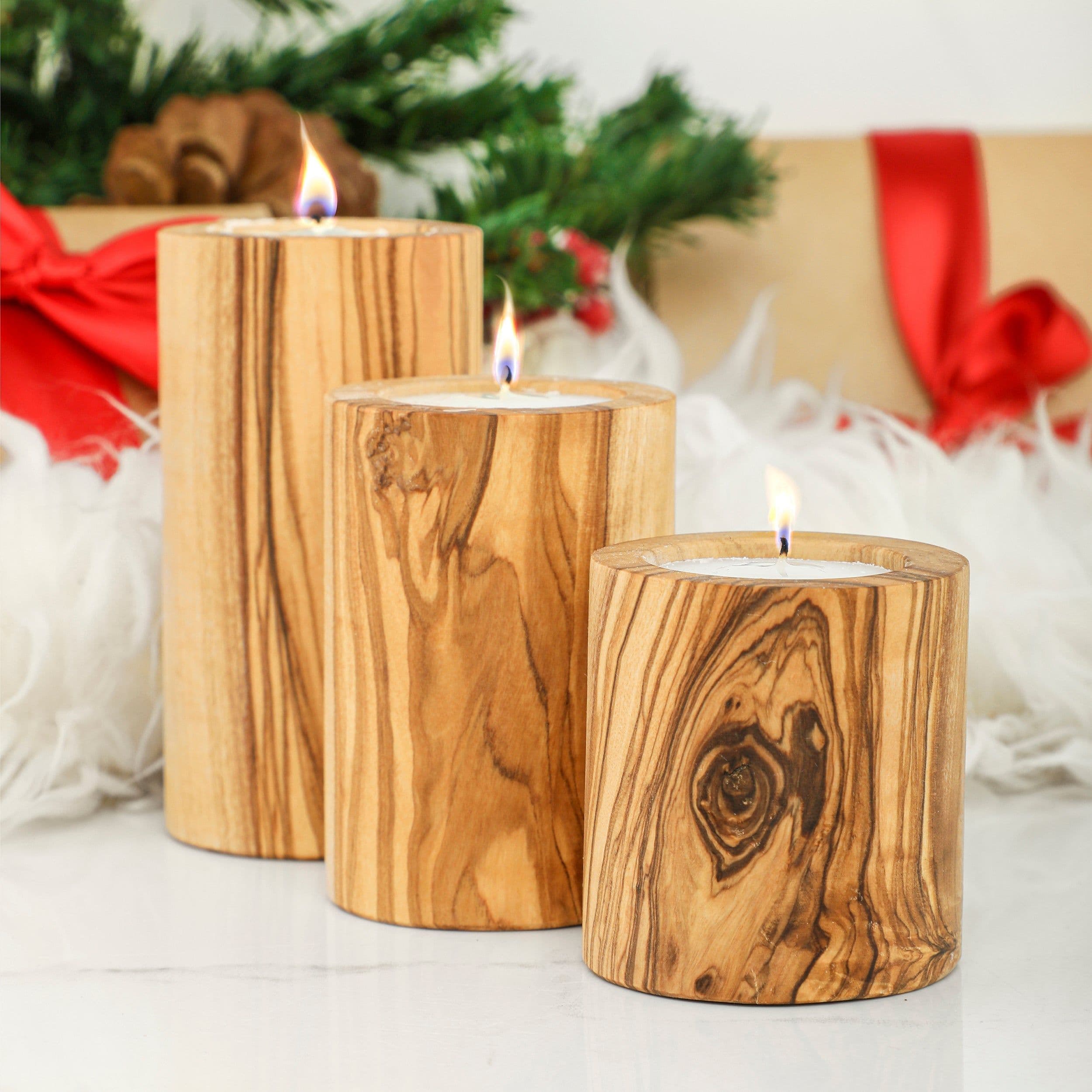image-Handcrafted Tunisian Olive Wood Set of 3 Candle Holders