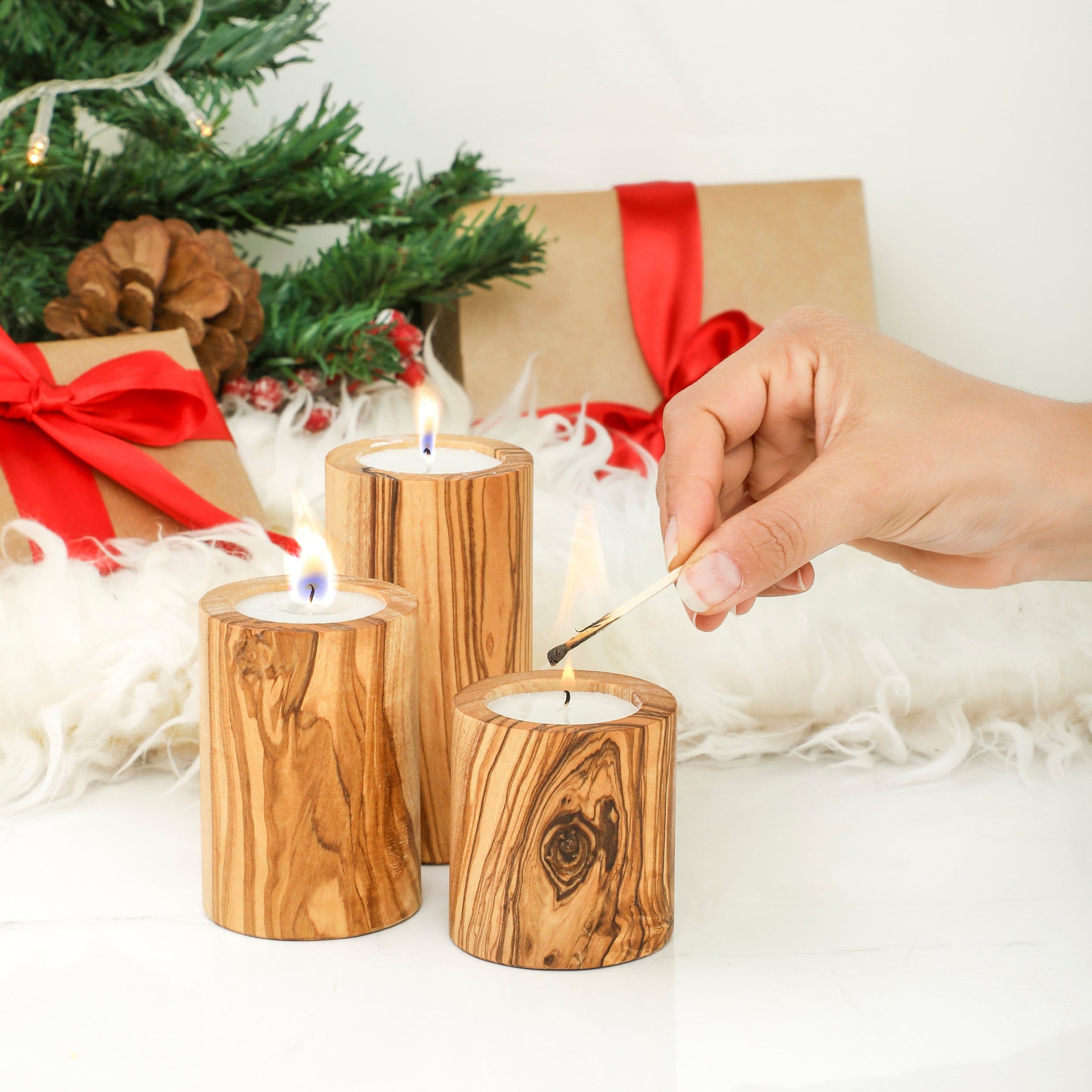 image-Handcrafted Tunisian Olive Wood Set of 3 Candle Holders