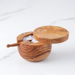 image-Handmade Olive Wood Salt Cellar with Scoop and Magnetic Lid