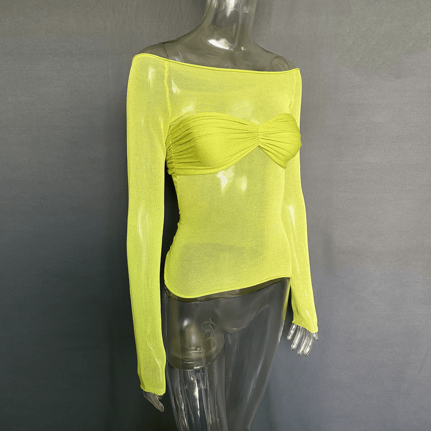 image-Sexy Long Sleeve Shoulder Gauze Women Slim Solid Versatile T-Shirt