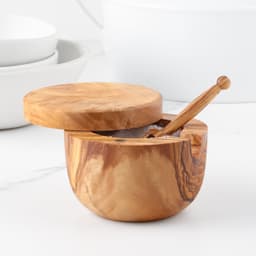 image-Handmade Olive Wood Salt Cellar with Scoop and Magnetic Lid
