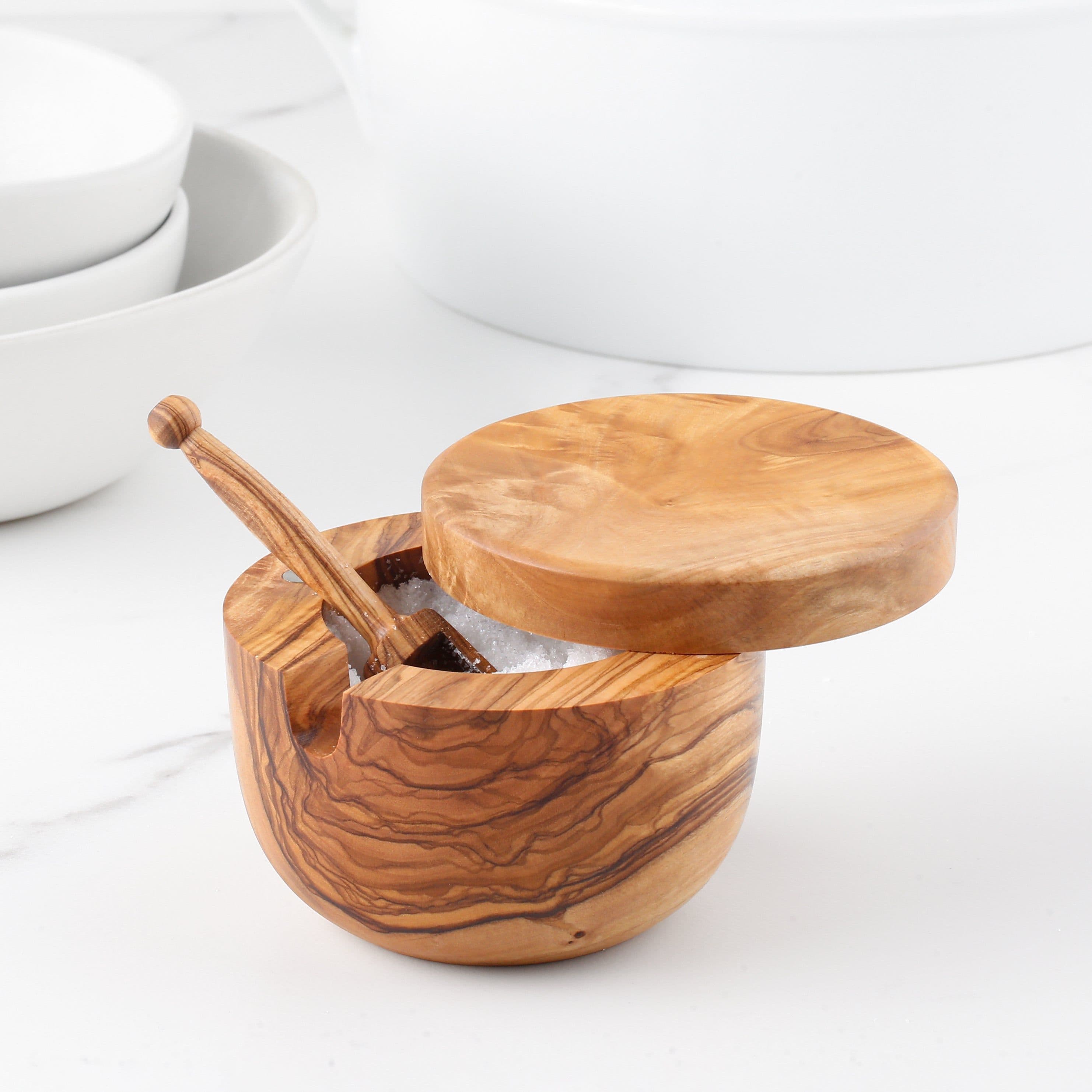 image-Handmade Olive Wood Salt Cellar with Scoop and Magnetic Lid