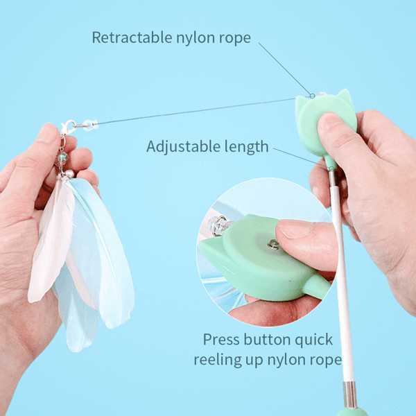 image-Cat Feather Toys Retractable Cat Teaser Wand and Rope Toy