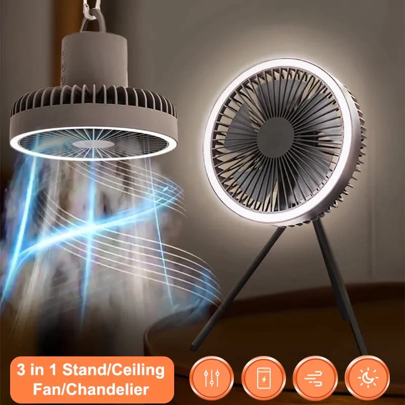 image-Portable Fan Outdoor Camping Tripod Desktop Fan With Led Light